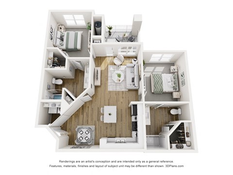 A 3D floor plan of a house with a kitchen, living room, and two bedrooms.
